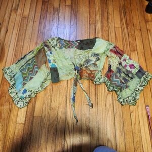 Kathmandu Imports Patchwork Wrap cotton bell sleeve blouse top in green red